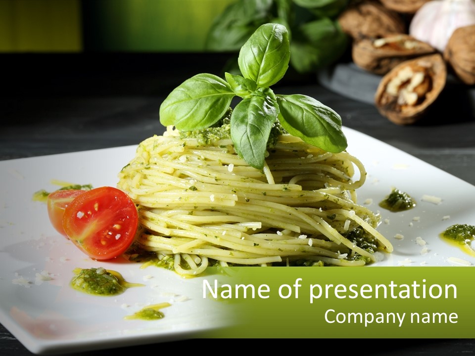 A Plate Of Spaghetti With Pesto On Top PowerPoint Template