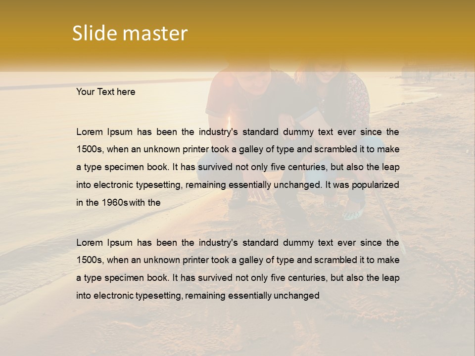 A Man And Woman Kneeling Down On The Beach PowerPoint Template