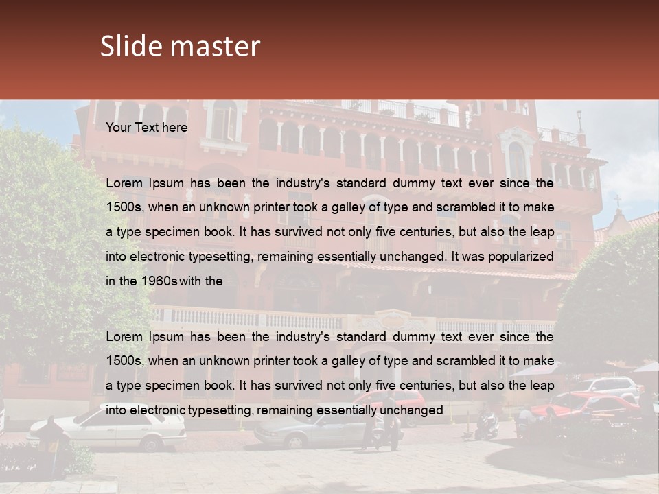 A Large Building With Cars Parked In Front Of It PowerPoint Template