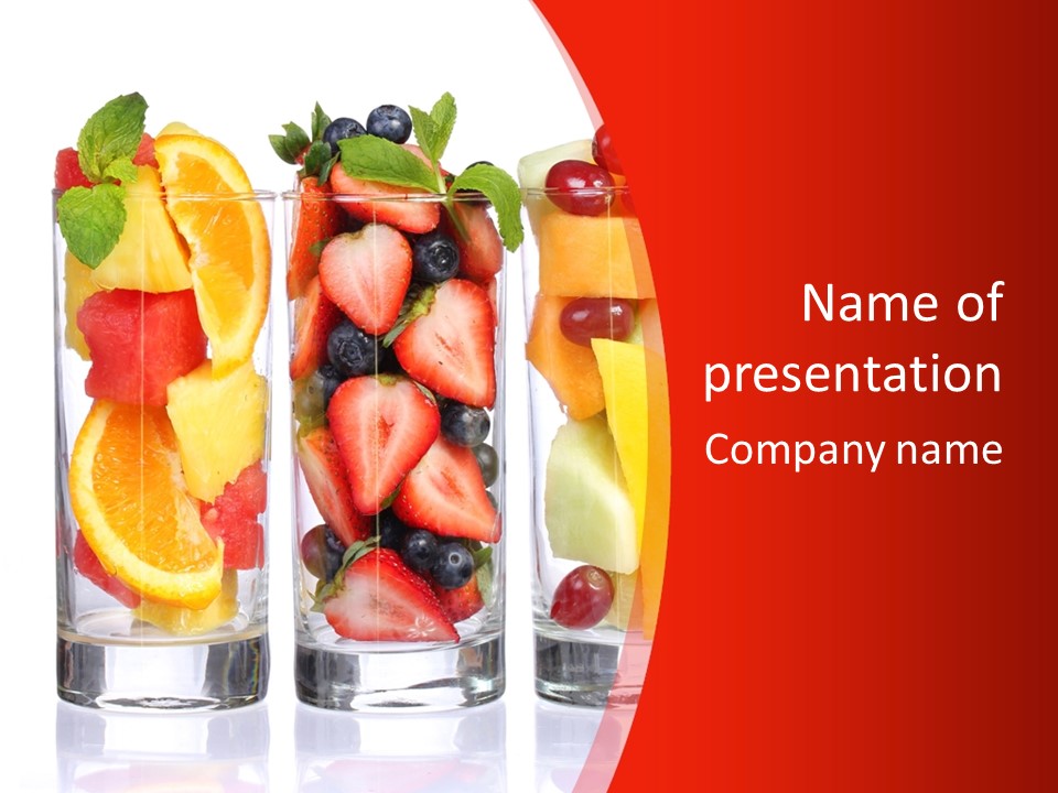 Three Glasses Filled With Different Types Of Fruit PowerPoint Template
