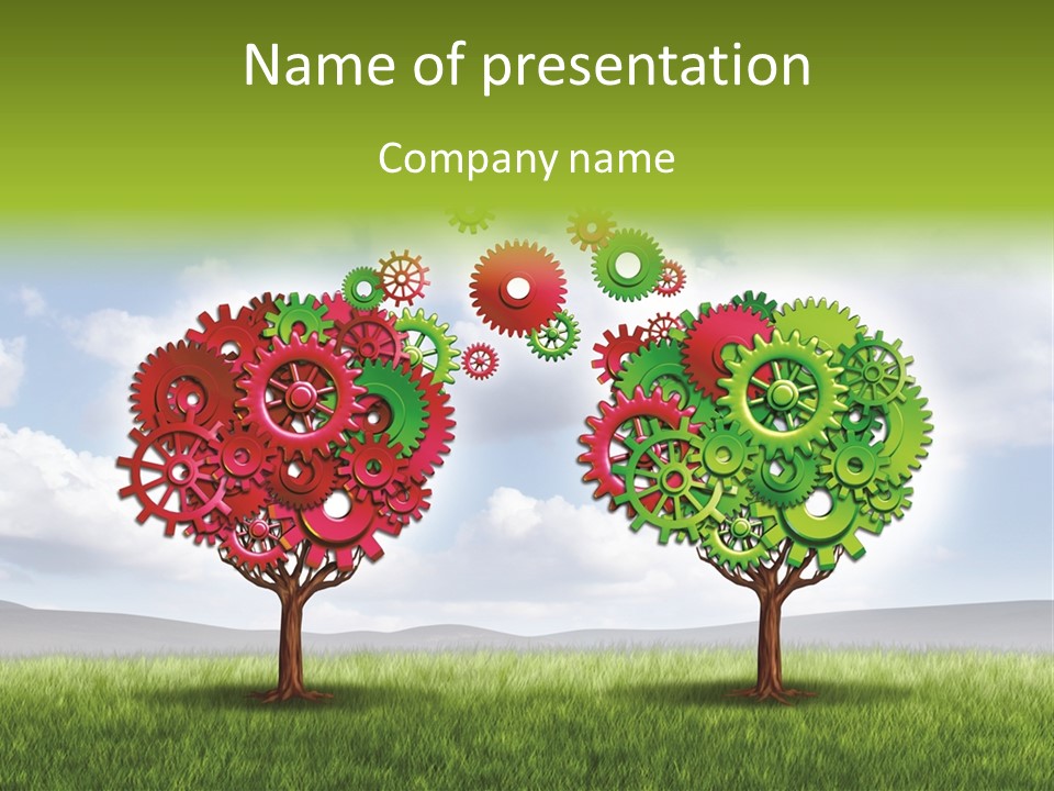 A Green And Red Tree With Gears On It PowerPoint Template