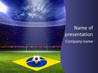 A Soccer Ball On A Soccer Field With A Stadium In The Background PowerPoint Template