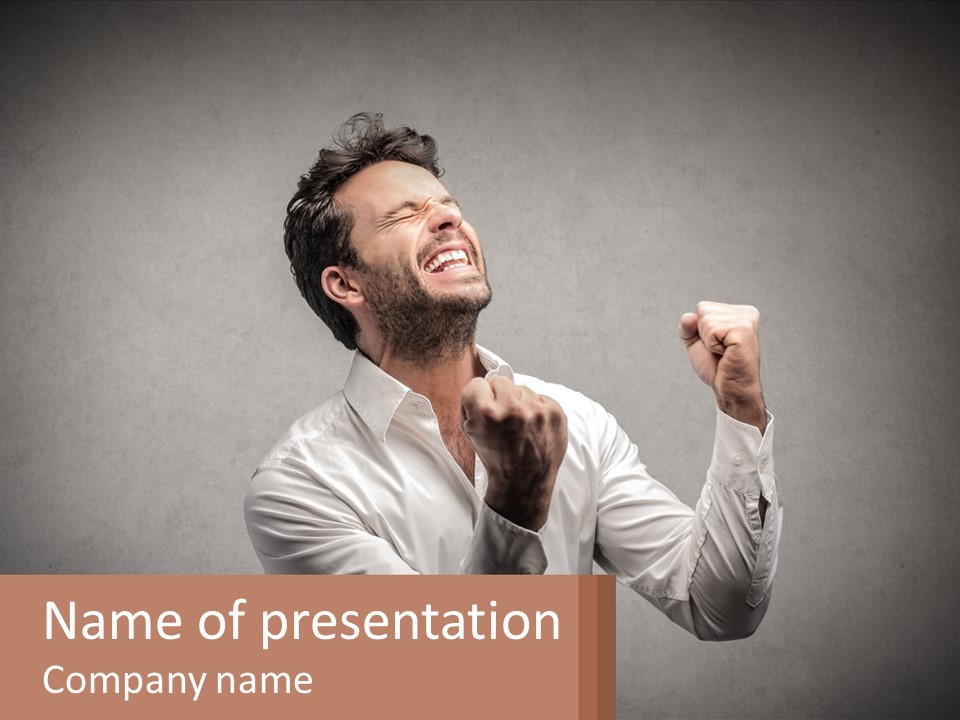 A Man In A White Shirt Is Holding His Fist Up PowerPoint Template