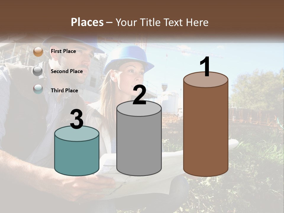 A Man And A Woman In Hardhats Looking At A Blueprint PowerPoint Template