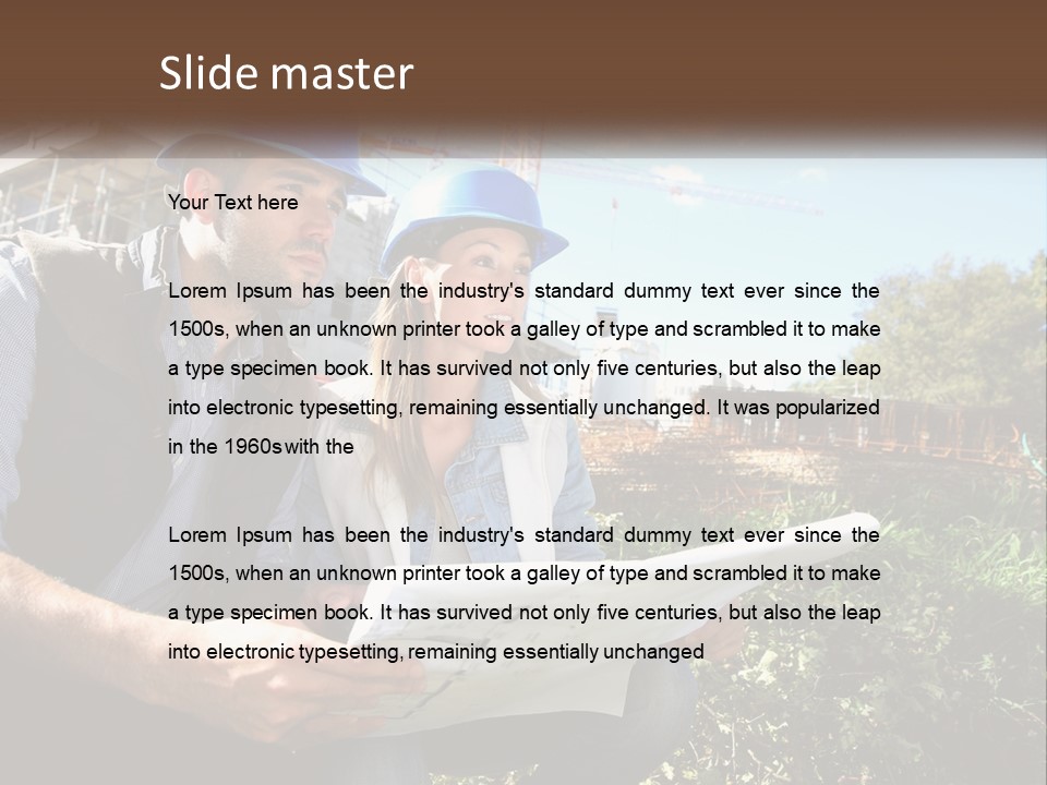 A Man And A Woman In Hardhats Looking At A Blueprint PowerPoint Template