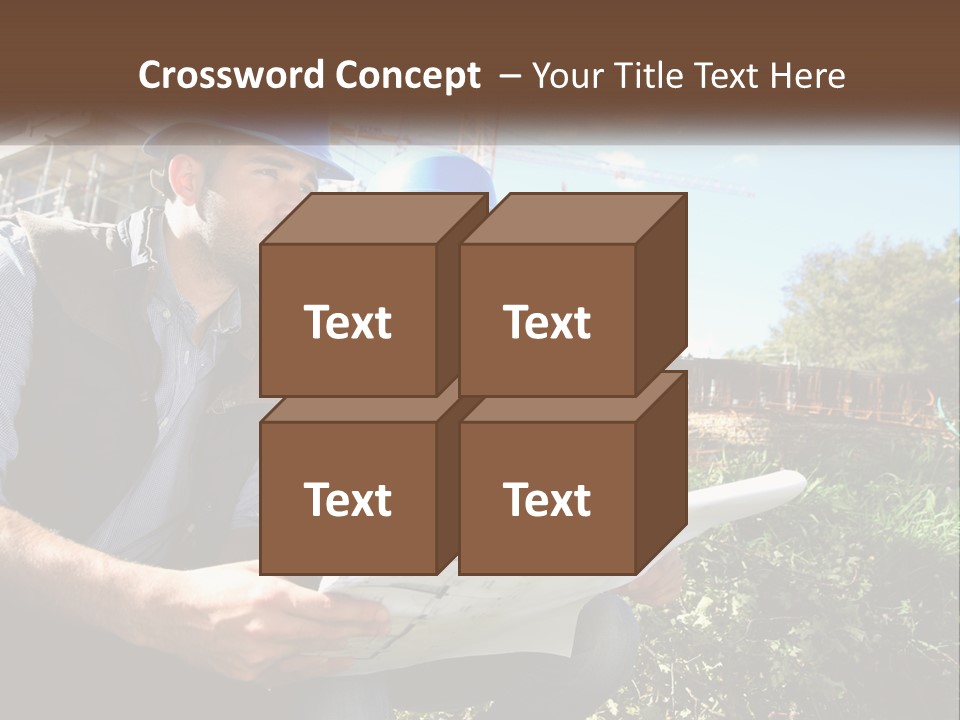 A Man And A Woman In Hardhats Looking At A Blueprint PowerPoint Template