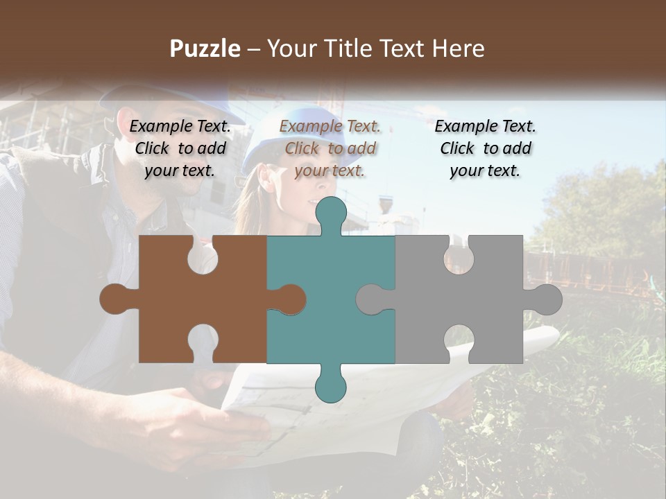 A Man And A Woman In Hardhats Looking At A Blueprint PowerPoint Template