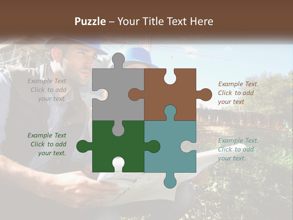 A Man And A Woman In Hardhats Looking At A Blueprint PowerPoint Template