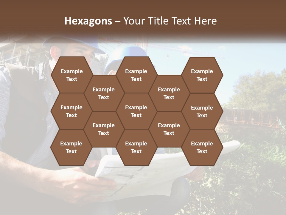 A Man And A Woman In Hardhats Looking At A Blueprint PowerPoint Template