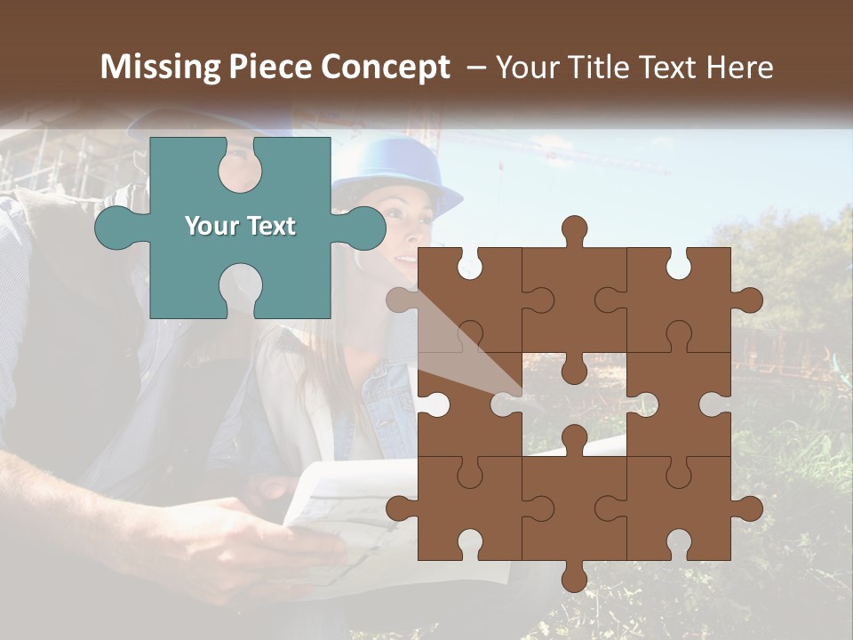 A Man And A Woman In Hardhats Looking At A Blueprint PowerPoint Template