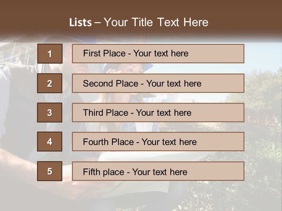 A Man And A Woman In Hardhats Looking At A Blueprint PowerPoint Template