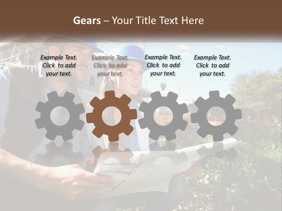 A Man And A Woman In Hardhats Looking At A Blueprint PowerPoint Template