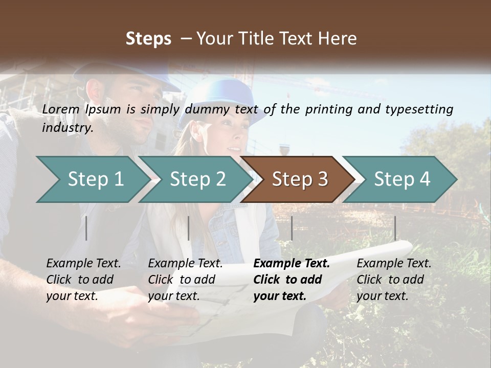 A Man And A Woman In Hardhats Looking At A Blueprint PowerPoint Template