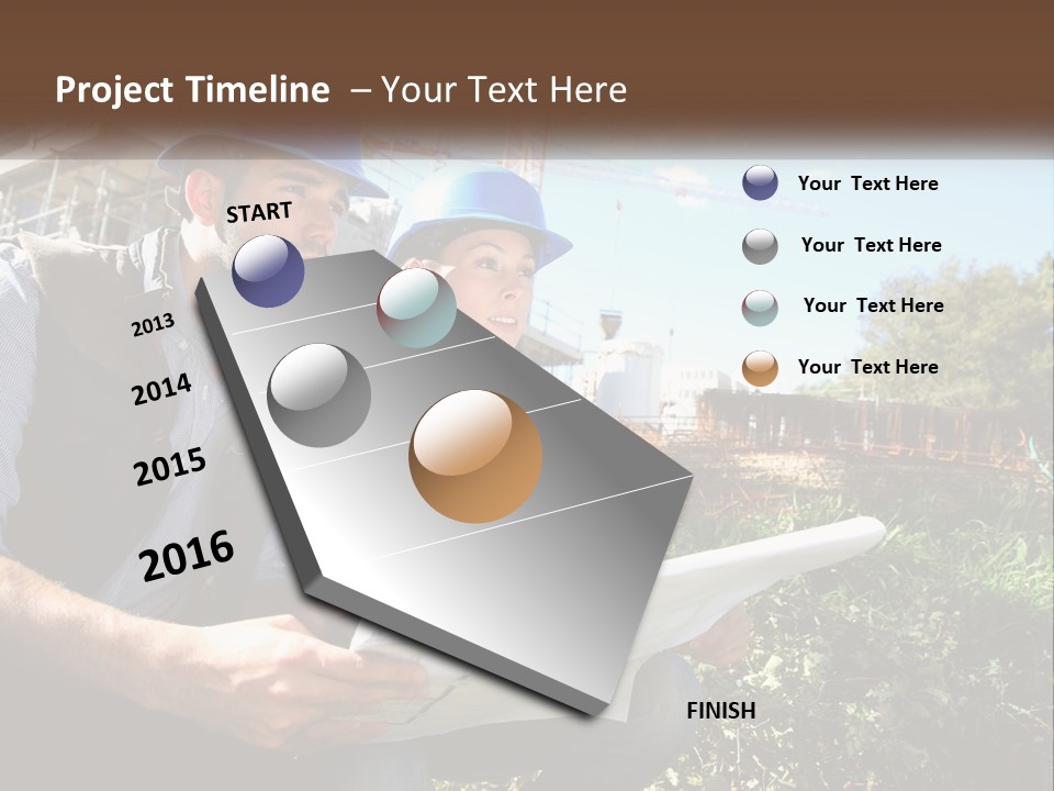 A Man And A Woman In Hardhats Looking At A Blueprint PowerPoint Template