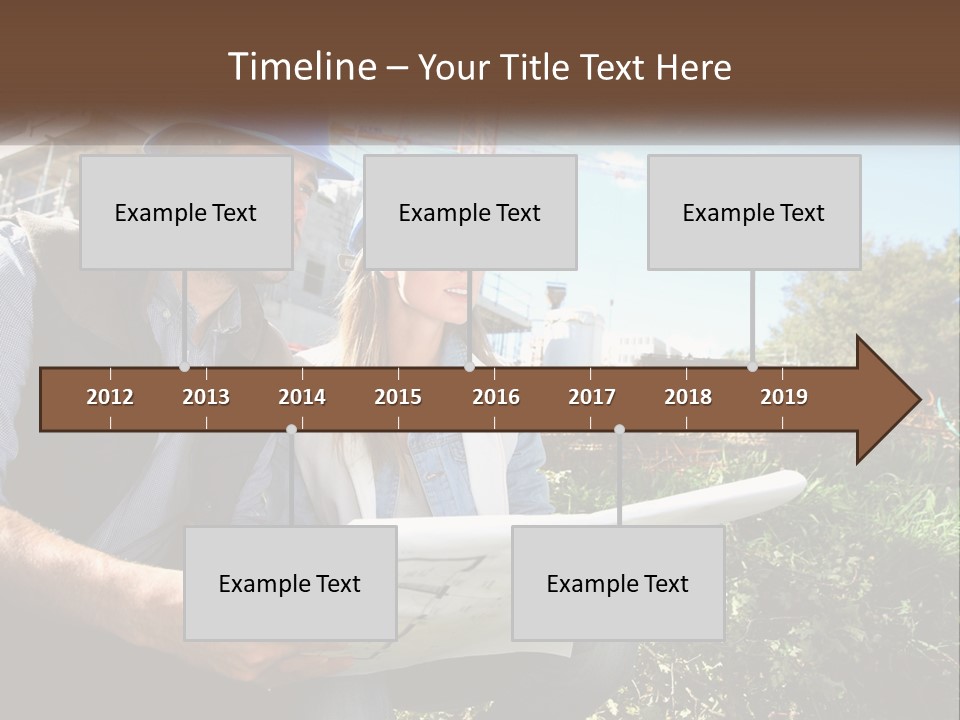 A Man And A Woman In Hardhats Looking At A Blueprint PowerPoint Template