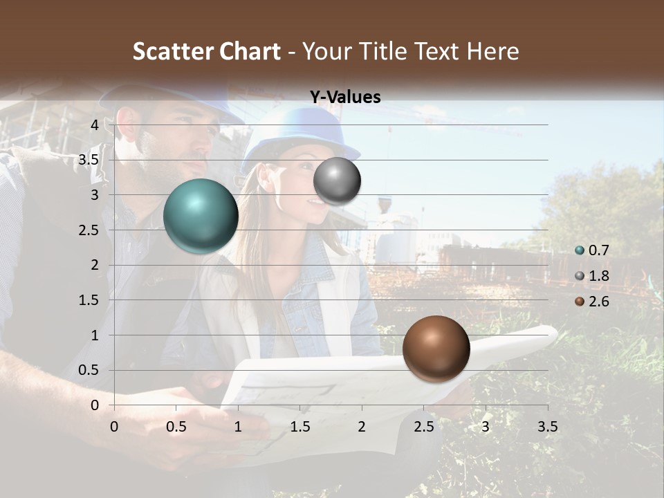 A Man And A Woman In Hardhats Looking At A Blueprint PowerPoint Template