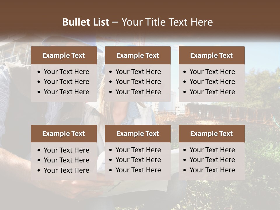 A Man And A Woman In Hardhats Looking At A Blueprint PowerPoint Template
