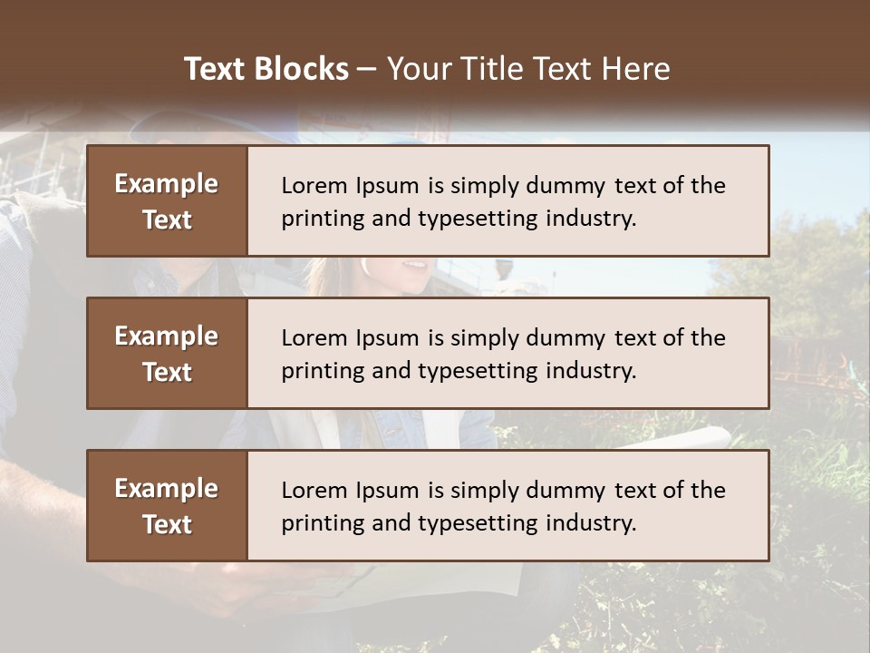 A Man And A Woman In Hardhats Looking At A Blueprint PowerPoint Template