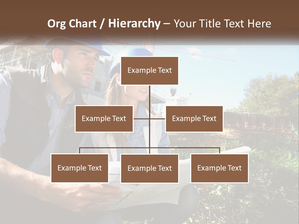 A Man And A Woman In Hardhats Looking At A Blueprint PowerPoint Template