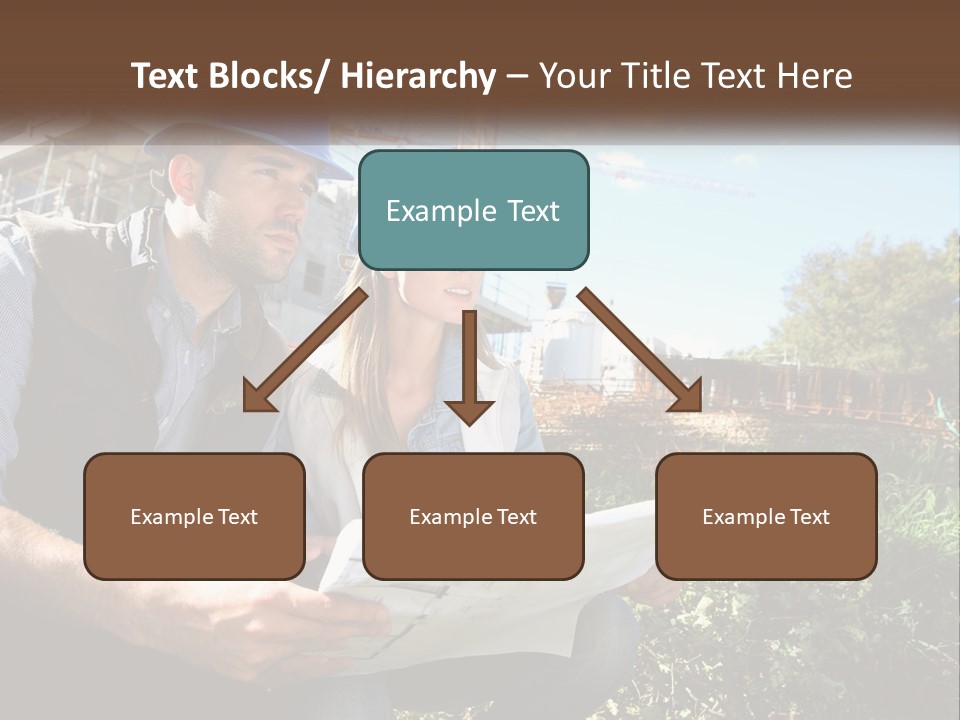 A Man And A Woman In Hardhats Looking At A Blueprint PowerPoint Template