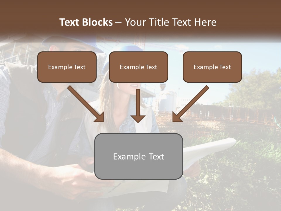 A Man And A Woman In Hardhats Looking At A Blueprint PowerPoint Template
