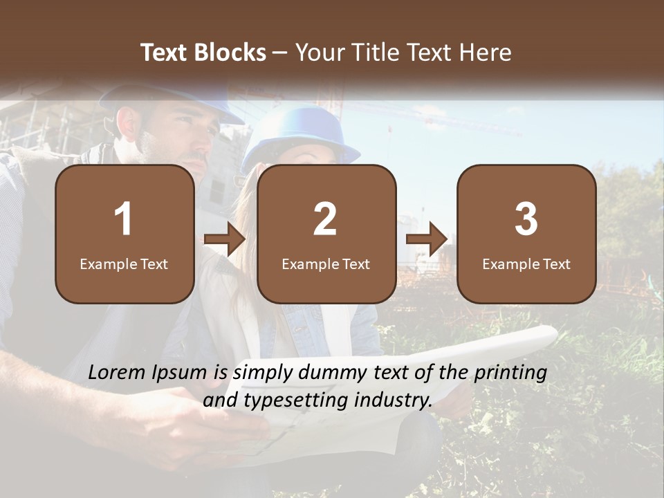A Man And A Woman In Hardhats Looking At A Blueprint PowerPoint Template
