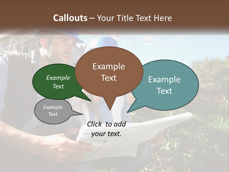 A Man And A Woman In Hardhats Looking At A Blueprint PowerPoint Template