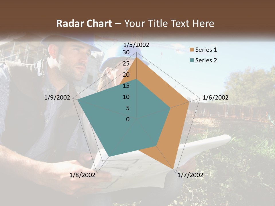 A Man And A Woman In Hardhats Looking At A Blueprint PowerPoint Template