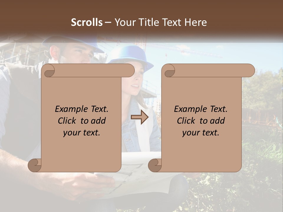 A Man And A Woman In Hardhats Looking At A Blueprint PowerPoint Template