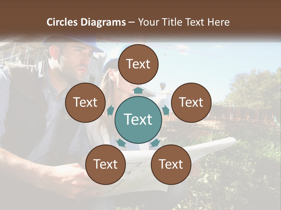 A Man And A Woman In Hardhats Looking At A Blueprint PowerPoint Template