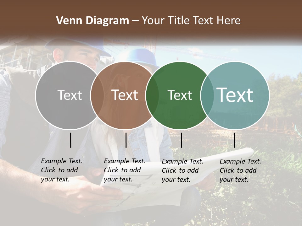 A Man And A Woman In Hardhats Looking At A Blueprint PowerPoint Template