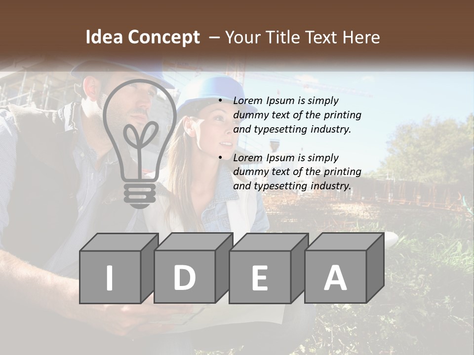 A Man And A Woman In Hardhats Looking At A Blueprint PowerPoint Template