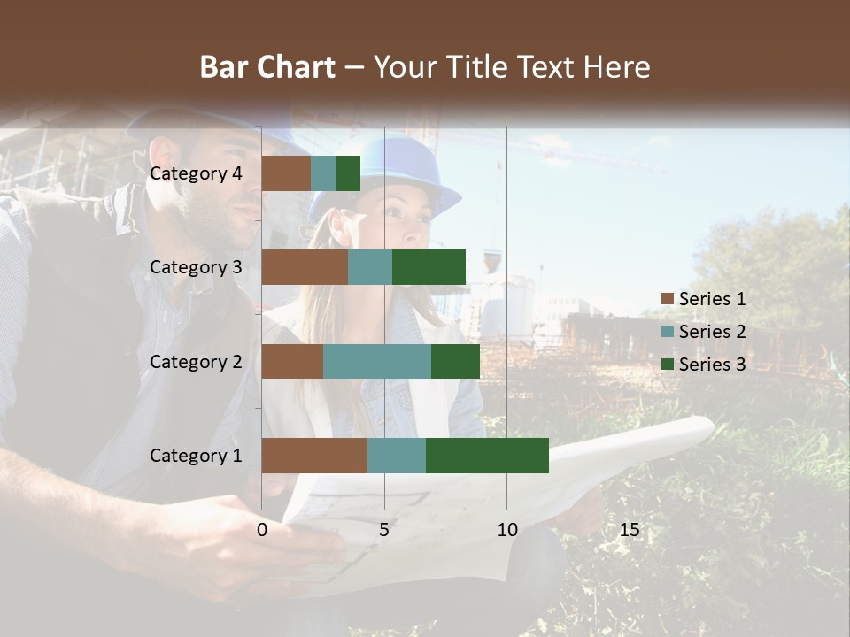 A Man And A Woman In Hardhats Looking At A Blueprint PowerPoint Template