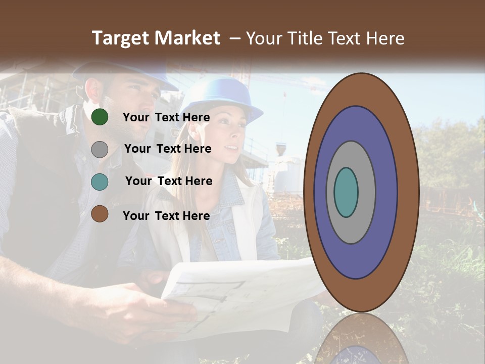 A Man And A Woman In Hardhats Looking At A Blueprint PowerPoint Template