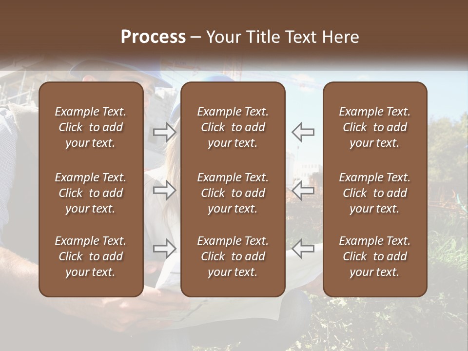 A Man And A Woman In Hardhats Looking At A Blueprint PowerPoint Template