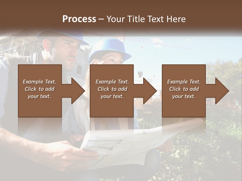 A Man And A Woman In Hardhats Looking At A Blueprint PowerPoint Template