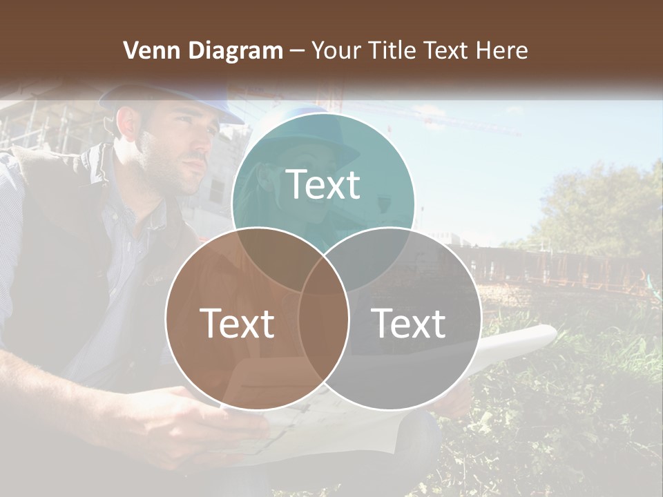 A Man And A Woman In Hardhats Looking At A Blueprint PowerPoint Template