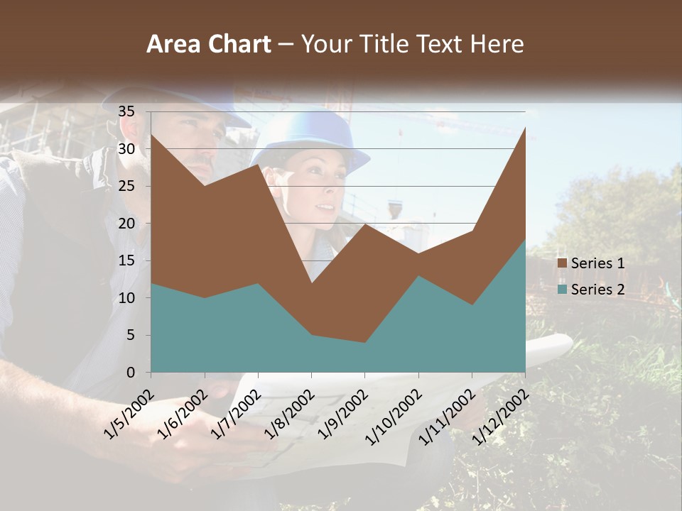 A Man And A Woman In Hardhats Looking At A Blueprint PowerPoint Template