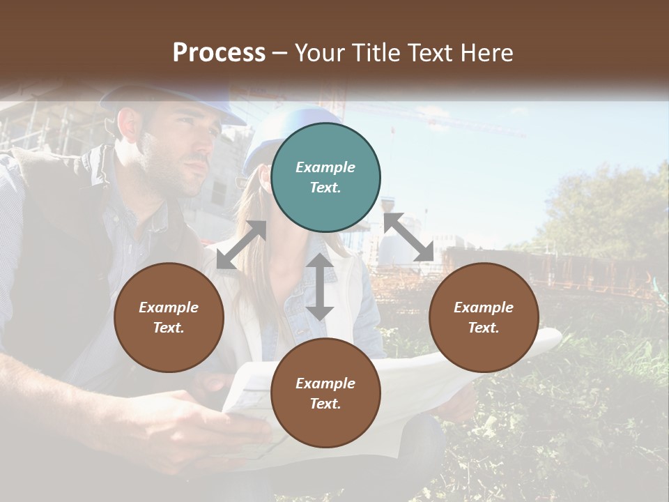 A Man And A Woman In Hardhats Looking At A Blueprint PowerPoint Template