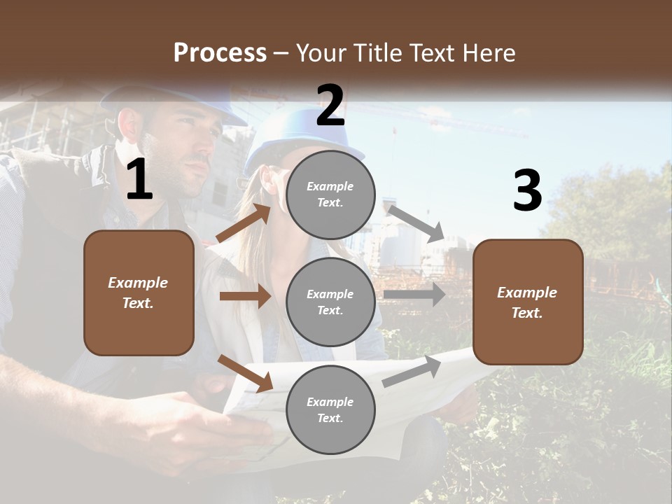 A Man And A Woman In Hardhats Looking At A Blueprint PowerPoint Template