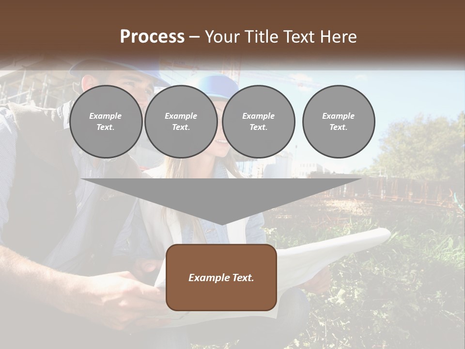 A Man And A Woman In Hardhats Looking At A Blueprint PowerPoint Template
