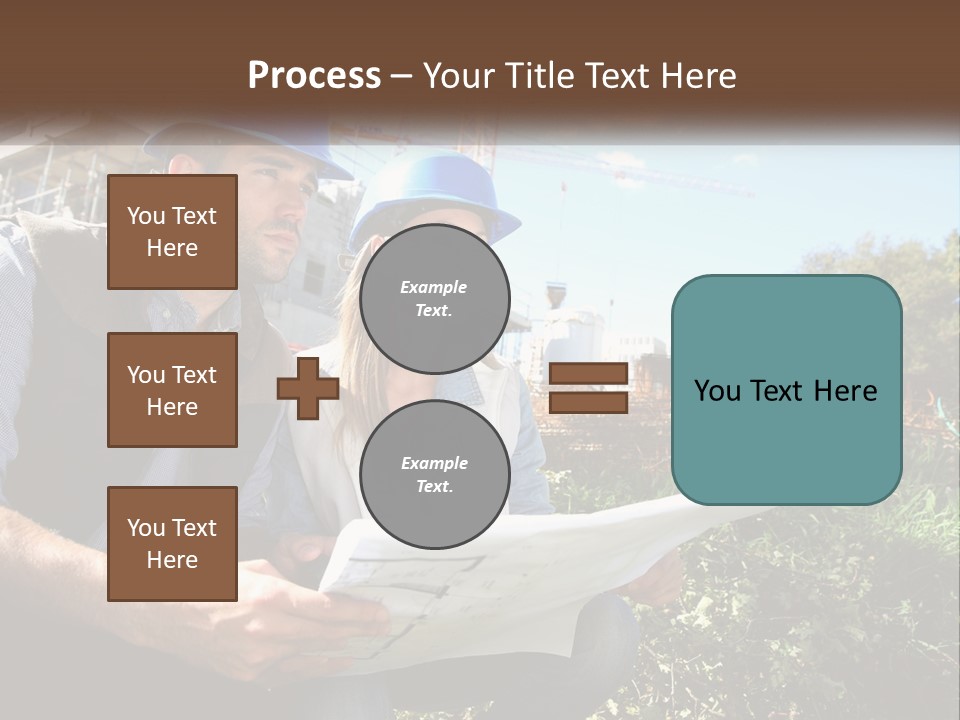 A Man And A Woman In Hardhats Looking At A Blueprint PowerPoint Template