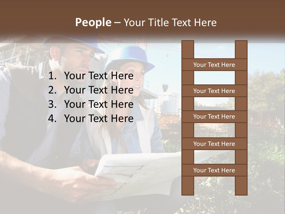 A Man And A Woman In Hardhats Looking At A Blueprint PowerPoint Template
