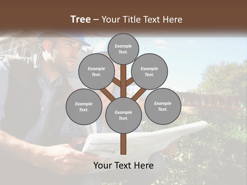 A Man And A Woman In Hardhats Looking At A Blueprint PowerPoint Template