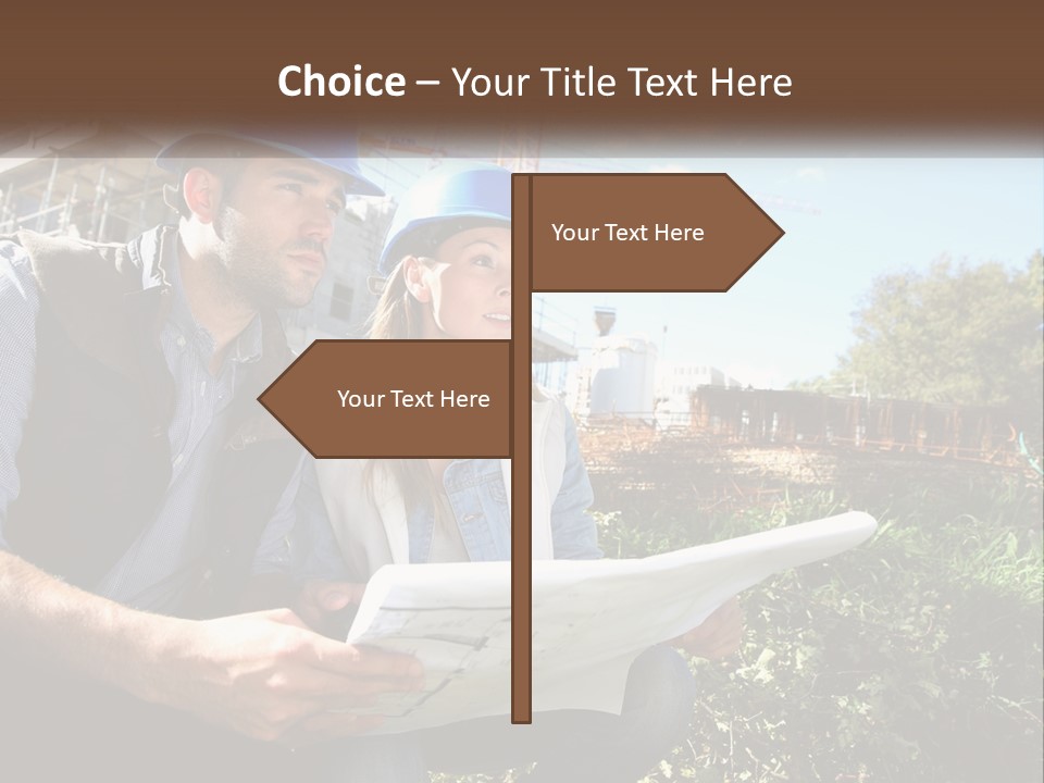 A Man And A Woman In Hardhats Looking At A Blueprint PowerPoint Template