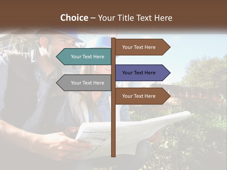 A Man And A Woman In Hardhats Looking At A Blueprint PowerPoint Template