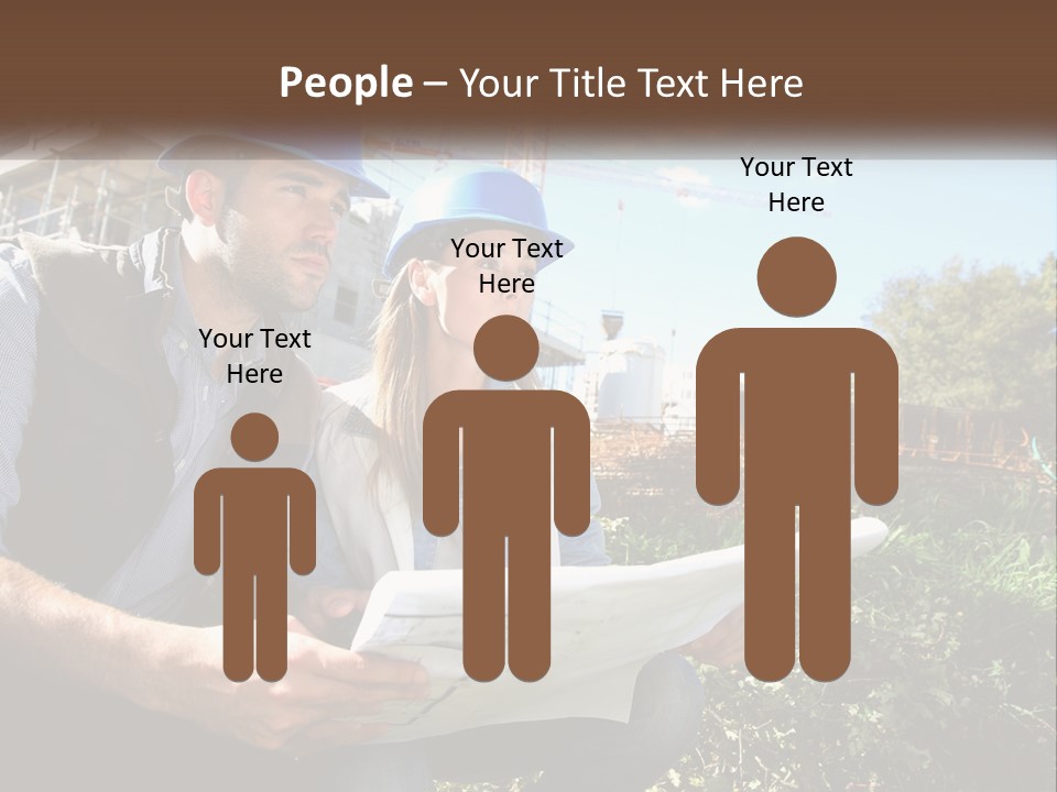 A Man And A Woman In Hardhats Looking At A Blueprint PowerPoint Template