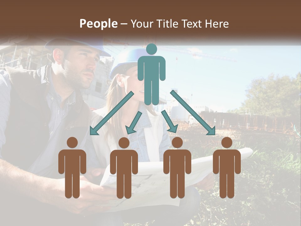 A Man And A Woman In Hardhats Looking At A Blueprint PowerPoint Template