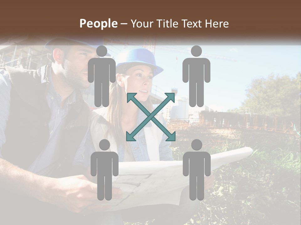 A Man And A Woman In Hardhats Looking At A Blueprint PowerPoint Template