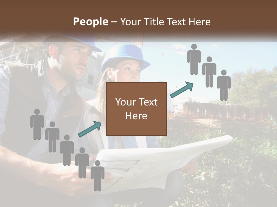 A Man And A Woman In Hardhats Looking At A Blueprint PowerPoint Template